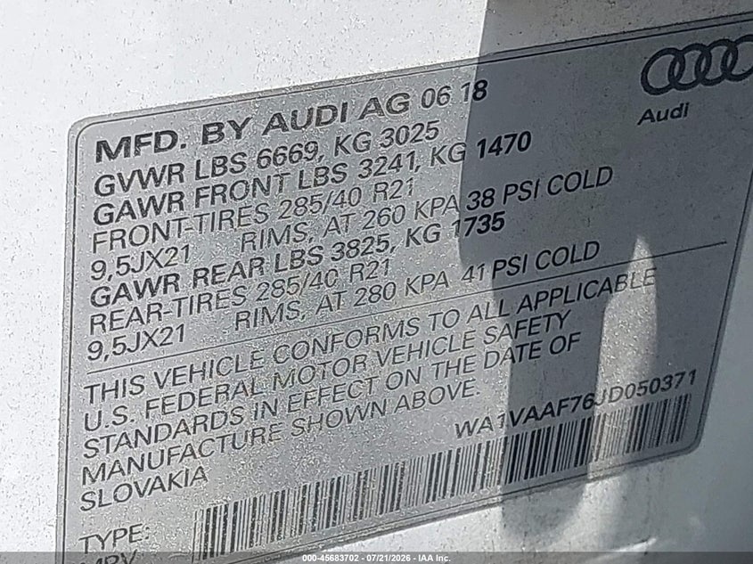 2018 Audi Q7 VIN WA1VAAF76JD050371 IAAI salvage auction — FRONT END, Wait Title, sold $7,200 on 2026-08-19 (photo 9)