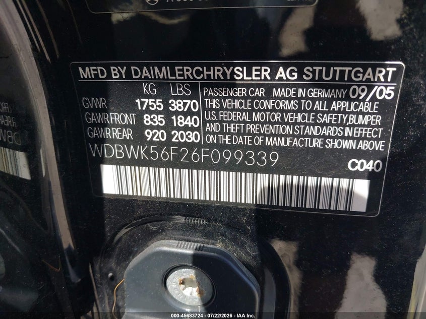 2006 Mercedes-benz Slk-class VIN WDBWK56F26F099339 IAAI salvage auction — NORMAL WEAR, Clear (Florida), sold $25 on 2026-07-29 (photo 9)