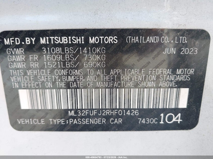 2024 Mitsubishi Mirage VIN ML32FUFJ2RHF01426 IAAI salvage auction — FRONT END, Salvage Title, sold $2,100 on 2026-08-29 (photo 9)