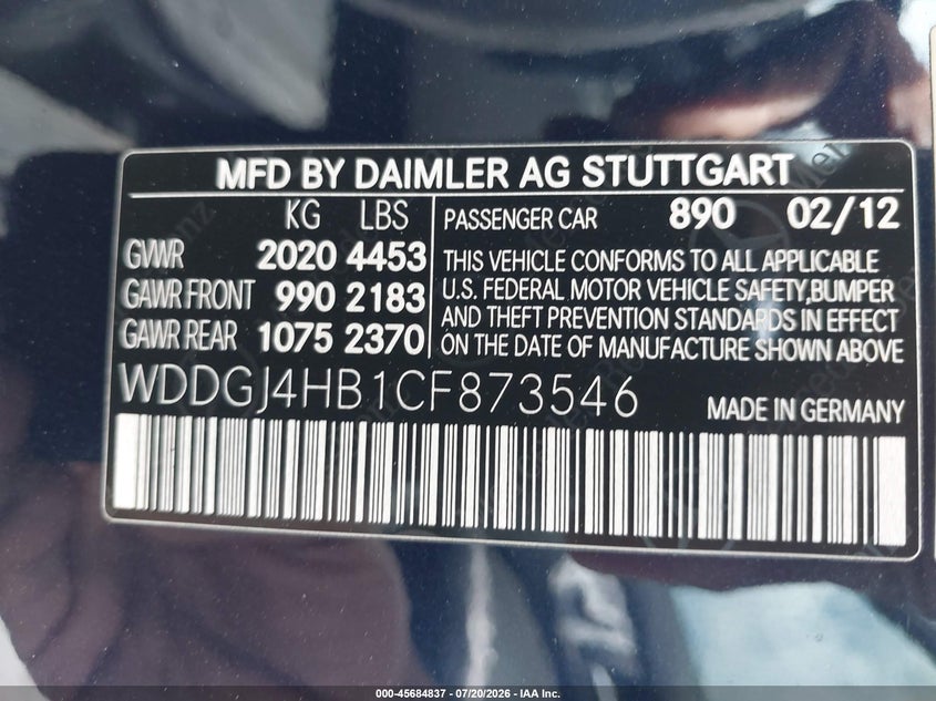 2012 Mercedes-benz C-klasse VIN WDDGJ4HB1CF873546 IAAI salvage auction — MECHANICAL, Clear (California), sold $25 on 2026-07-29 (photo 9)