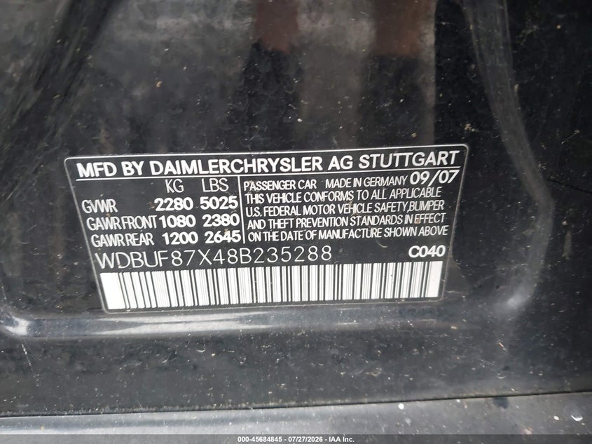 2008 Mercedes-benz E-class VIN WDBUF87X48B235288 IAAI salvage auction — NORMAL WEAR, Clear (North Carolina), sold $200 on 2026-07-31 (photo 9)
