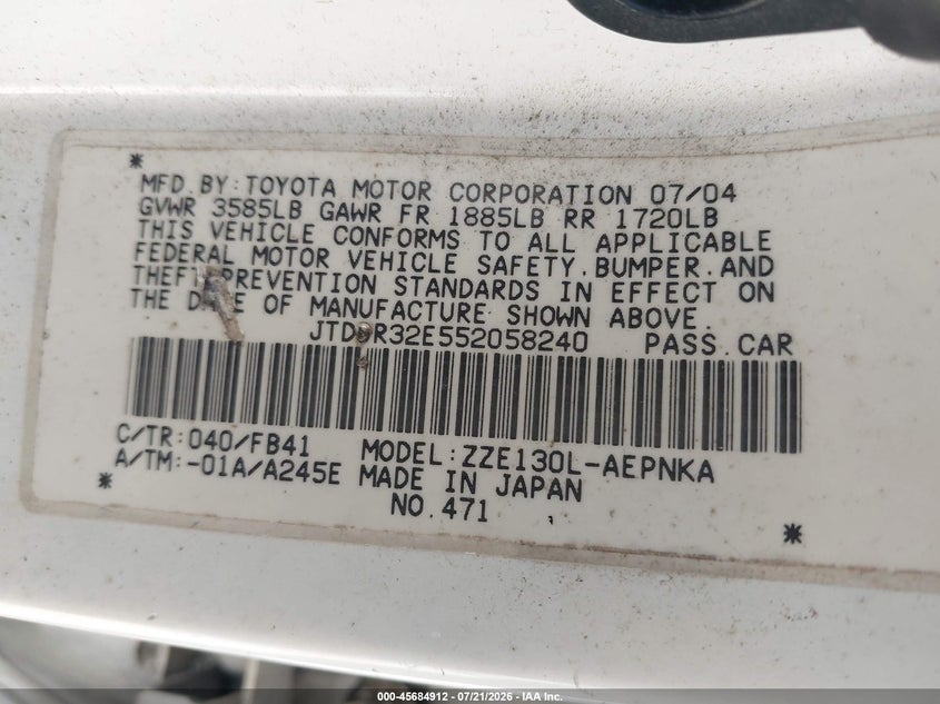 2005 Toyota Corolla VIN JTDBR32E552058240 IAAI salvage auction — FRONT END, Rebuildable (Florida), sold $1,300 on 2026-08-01 (photo 9)