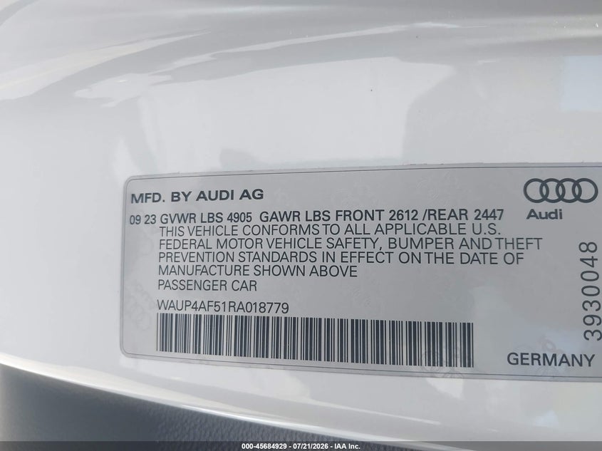 2024 Audi S5 VIN WAUP4AF51RA018779 IAAI salvage auction — FRONT END, Salvage Title, sold $14,600 on 2026-08-17 (photo 9)