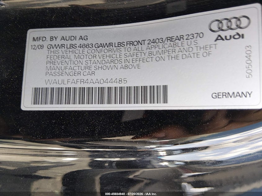 2010 Audi A5 VIN WAULFAFR4AA044485 IAAI salvage auction — NORMAL WEAR, Clear (Nevada), sold $1,075 on 2026-08-05 (photo 9)