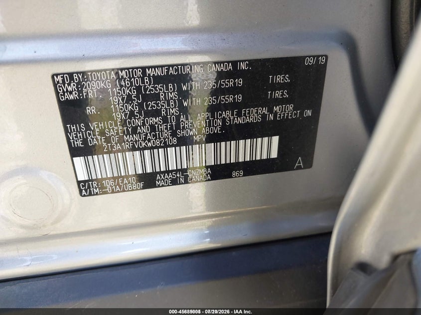 2019 Toyota Rav4 VIN 2T3A1RFV0KW082108 IAAI salvage auction — FRONT END, Rebuildable (Florida), sold $15,000 on 2026-08-01 (photo 9)