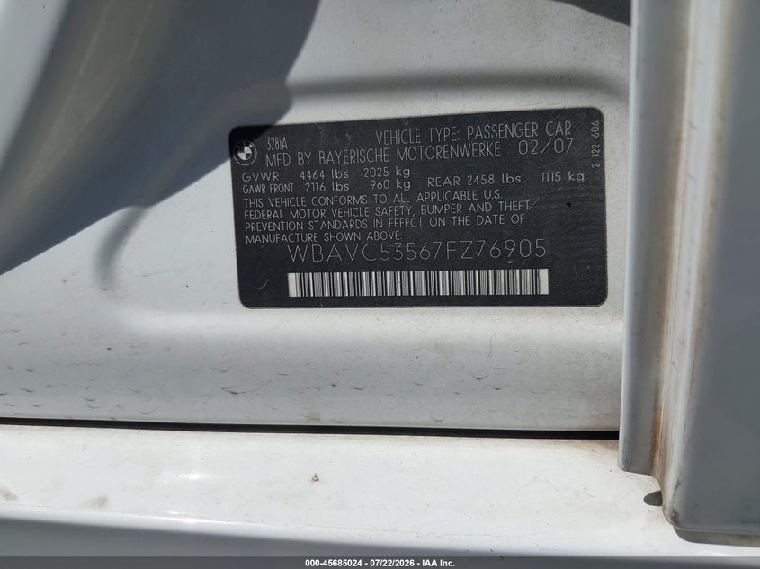2007 BMW 3 series VIN WBAVC53567FZ76905 IAAI salvage auction — NORMAL WEAR, Clear - Dealer Only (California), sold $400 on 2026-07-28 (photo 9)