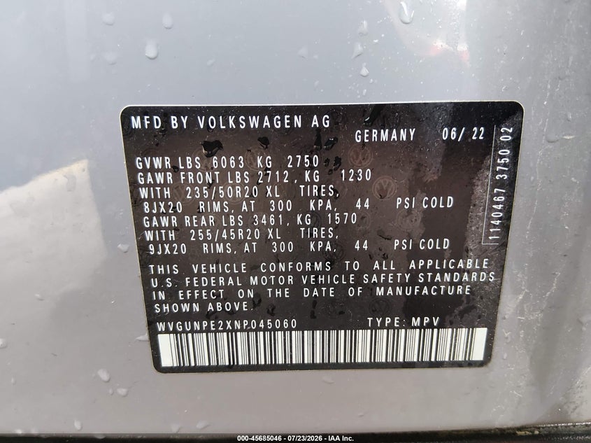 2022 Volkswagen Id.4 VIN WVGUNPE2XNP045060 IAAI salvage auction — FRONT END, Salvage (Missouri), sold $13,200 on 2026-09-04 (photo 9)