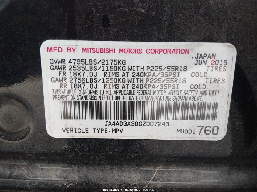 2016 Mitsubishi Outlander VIN JA4AD3A30GZ007243 IAAI salvage auction — FRONT END, Salvage (Alabama), sold $650 on 2026-09-01 (photo 9)
