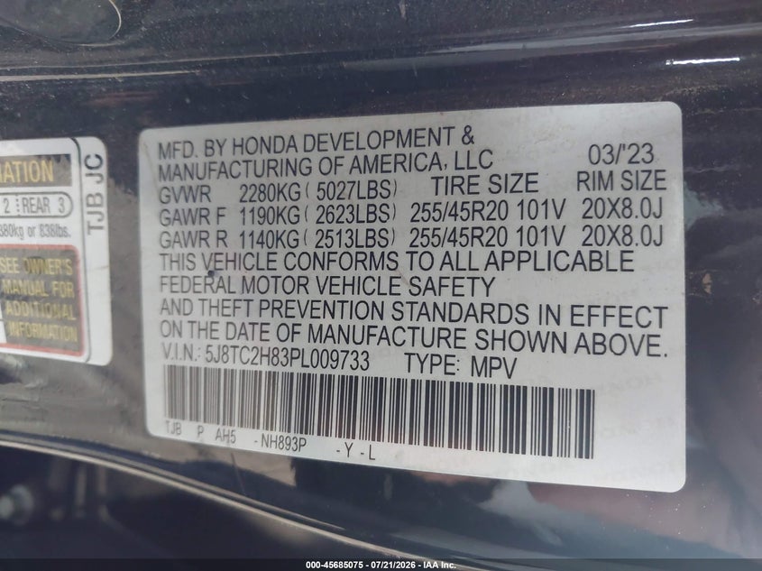 2023 Acura Rdx VIN 5J8TC2H83PL009733 IAAI salvage auction — LEFT & RIGHT, Salvage Title, sold $9,950 on 2026-09-15 (photo 9)