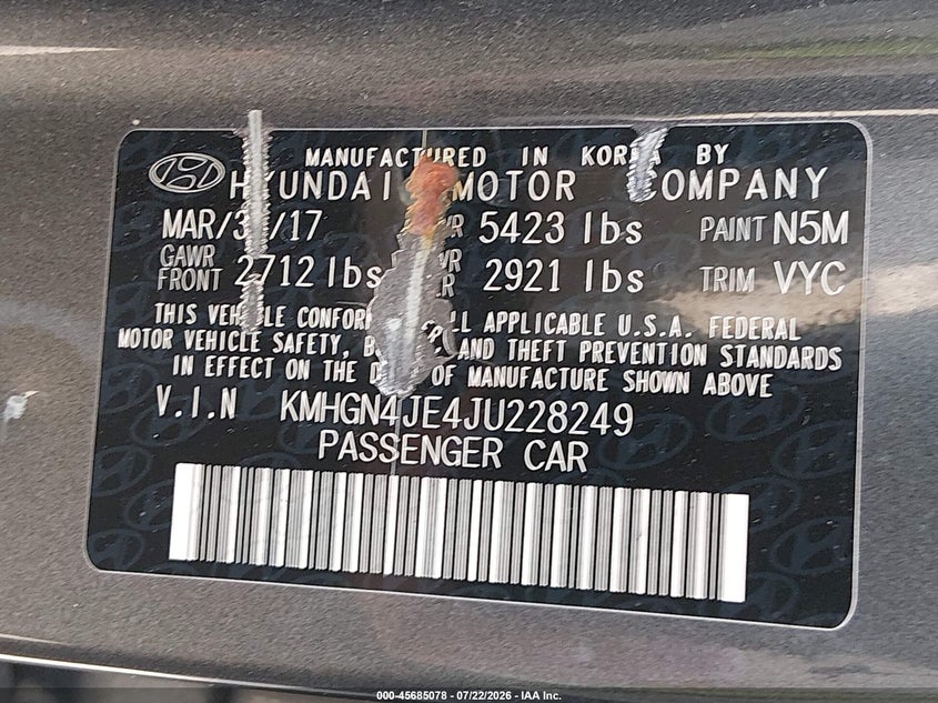 2018 Genesis G80 VIN KMHGN4JE4JU228249 IAAI salvage auction — STORM DAMAGE, Clear (Kansas), sold $3,650 on 2026-10-08 (photo 9)