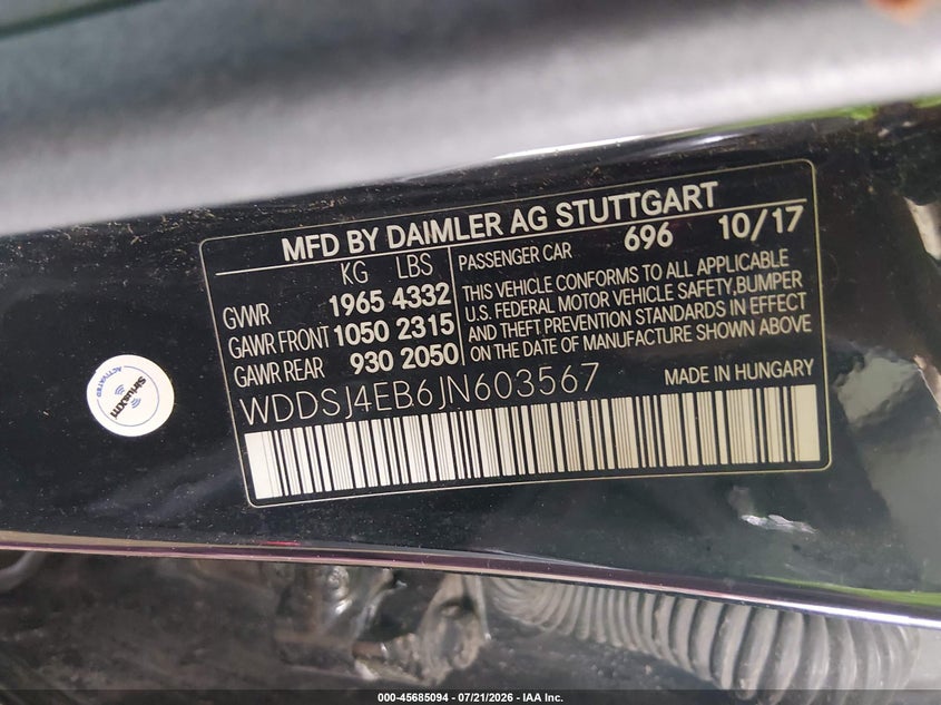 2018 Mercedes-benz Cla-klasse VIN WDDSJ4EB6JN603567 IAAI salvage auction — UNDERCARRIAGE, Wait Title, sold $5,500 on 2026-08-15 (photo 9)