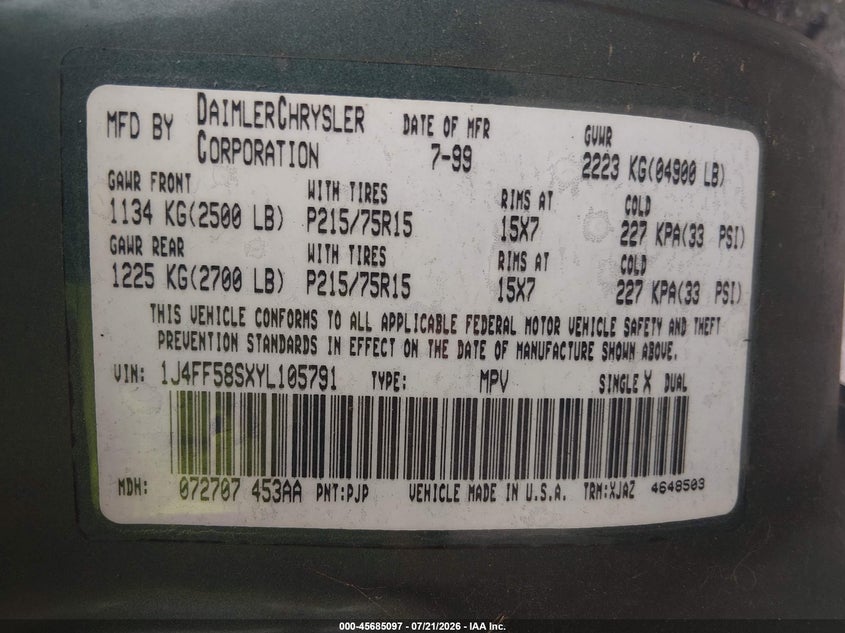2000 Jeep Cherokee VIN 1J4FF58SXYL105791 IAAI salvage auction — NORMAL WEAR, Clear (Delaware), sold $800 on 2026-07-27 (photo 9)