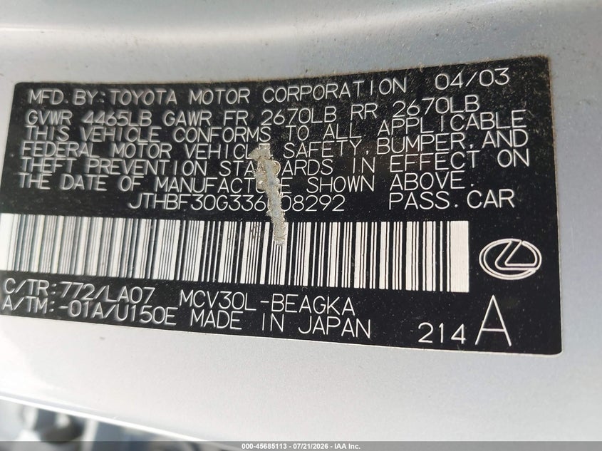2003 Lexus Es 300 VIN JTHBF30G336008292 IAAI salvage auction — NORMAL WEAR, Original (Texas), sold $475 on 2026-07-23 (photo 9)