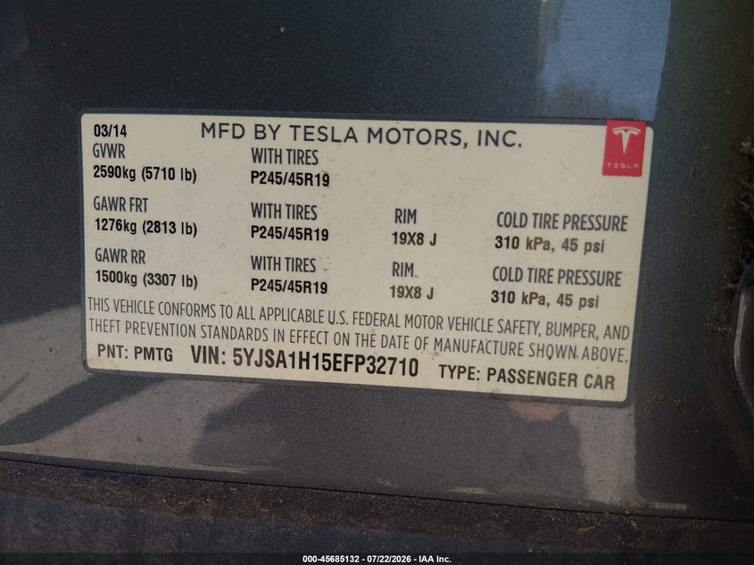2014 Tesla Model s VIN 5YJSA1H15EFP32710 IAAI salvage auction — NORMAL WEAR, Clear (Washington), sold $25 on 2026-07-29 (photo 9)