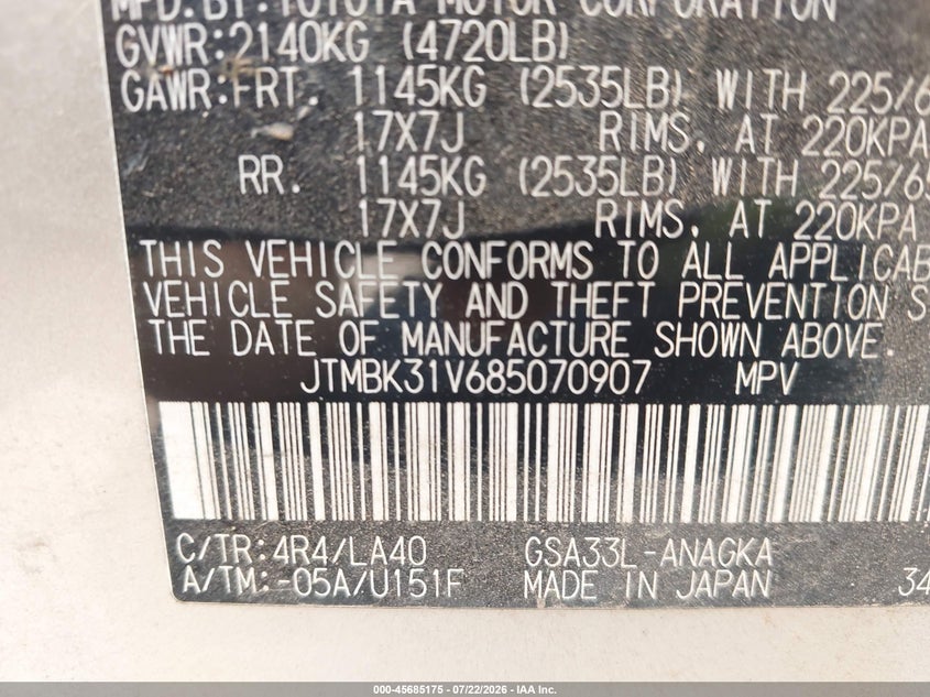2008 Toyota Rav4 VIN JTMBK31V685070907 IAAI salvage auction — FRONT END, Salvage (North Carolina), sold $1,950 on 2026-08-02 (photo 9)