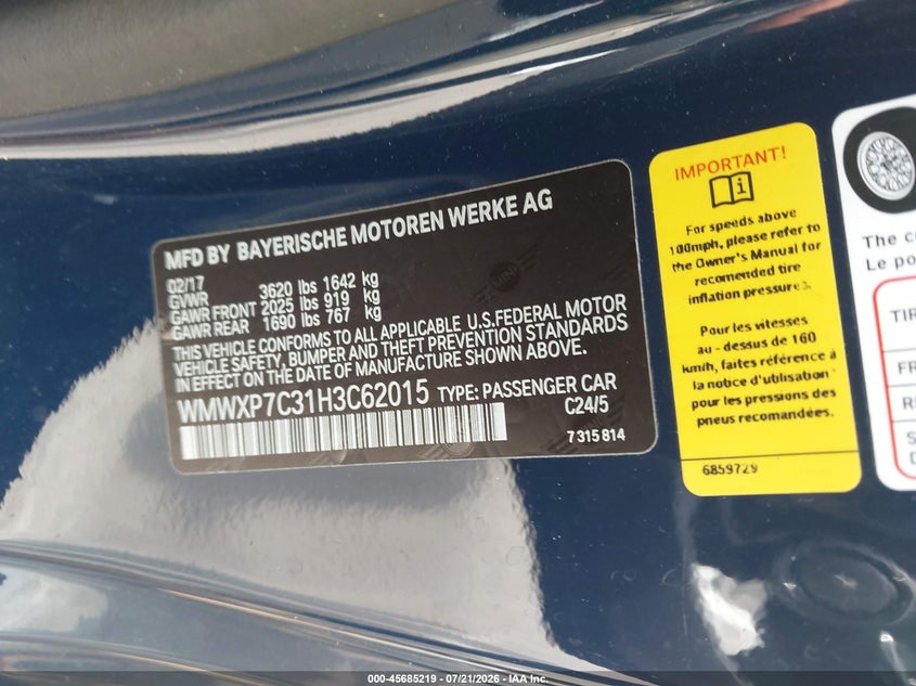 2017 Mini Hard top VIN WMWXP7C31H3C62015 IAAI salvage auction — WATER/FLOOD, Salvage Title, sold $2,750 on 2026-08-17 (photo 9)