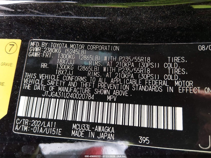 2004 Lexus Rx 330 VIN JTJGA31U240020784 IAAI salvage auction — NORMAL WEAR, Original (Texas), sold $1,050 on 2026-07-29 (photo 9)
