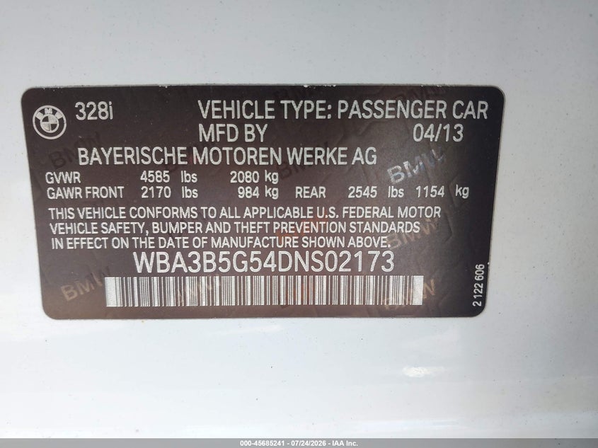 2013 BMW 3er VIN WBA3B5G54DNS02173 IAAI salvage auction — THEFT, Salvage Title, sold $1,350 on 2026-08-19 (photo 9)
