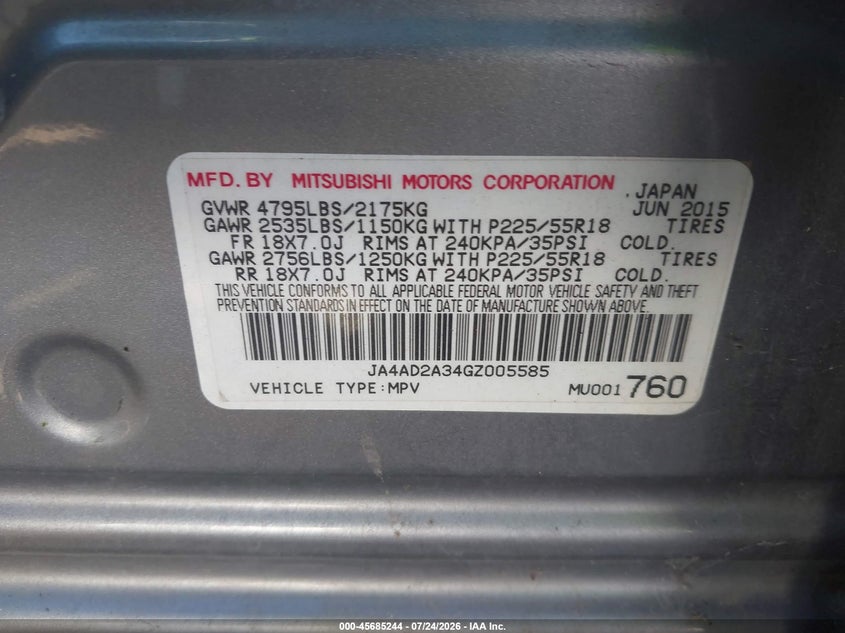 2016 Mitsubishi Outlander VIN JA4AD2A34GZ005585 IAAI salvage auction — NORMAL WEAR, Clear - Dealer Only (California), sold $1,700 on 2026-08-01 (photo 9)