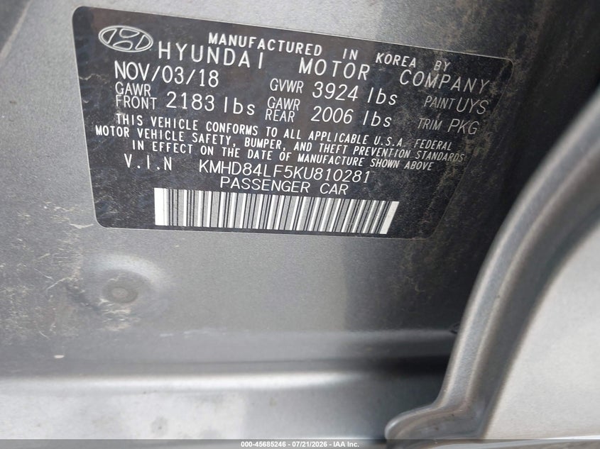 2019 Hyundai Elantra VIN KMHD84LF5KU810281 IAAI salvage auction — NORMAL WEAR, Clear (Pennsylvania), sold $825 on 2026-07-24 (photo 9)