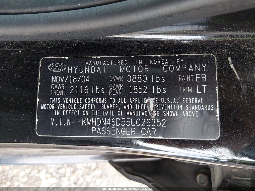 2005 Hyundai Elantra VIN KMHDN46D55U026352 IAAI salvage auction — SIDE, Clear (New York), sold $25 on 2026-07-28 (photo 9)