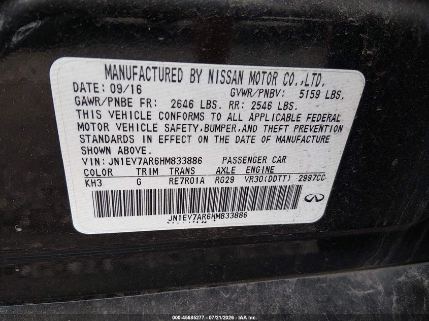 2017 Infiniti Q50 VIN JN1EV7AR6HM833886 IAAI salvage auction — FRONT END, Salvage Title, sold $7,750 on 2026-08-18 (photo 9)