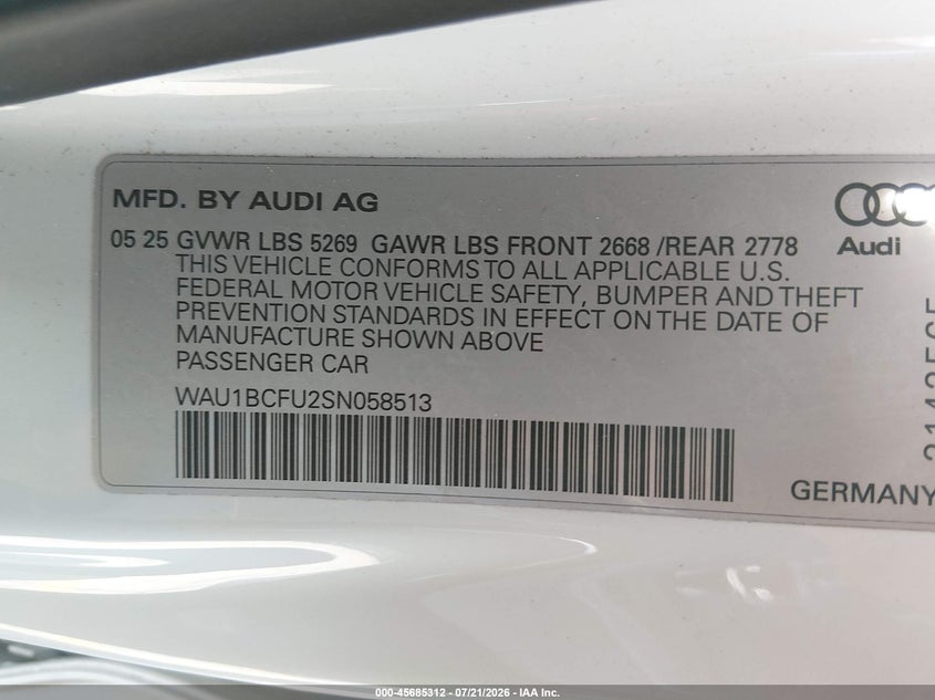 2025 Audi A5 VIN WAU1BCFU2SN058513 IAAI salvage auction — FRONT END, Salvage Title, sold $8,625 on 2026-08-26 (photo 9)