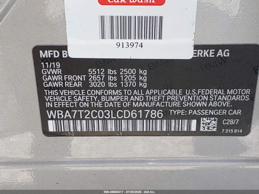 2020 BMW 7 series VIN WBA7T2C03LCD61786 IAAI salvage auction — FRONT END, Salvage (North Carolina), sold $10,300 on 2026-07-28 (photo 9)