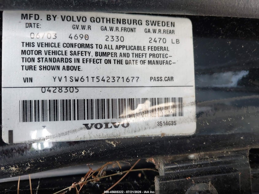 2004 Volvo V70 VIN YV1SW61T542371677 IAAI salvage auction — NORMAL WEAR, Clear (New York), sold $25 on 2026-07-27 (photo 9)
