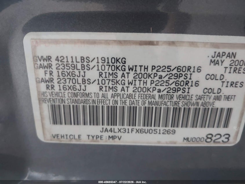 2006 Mitsubishi Outlander VIN JA4LX31FX6U051269 IAAI salvage auction — NORMAL WEAR, Clear (Florida), sold $25 on 2026-07-28 (photo 9)