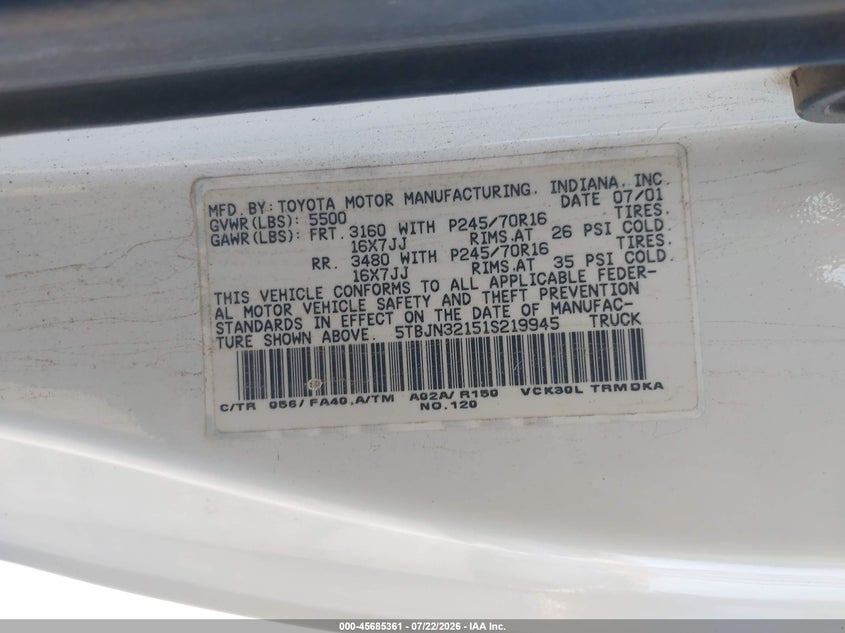 2001 Toyota Tundra VIN 5TBJN32151S219945 IAAI salvage auction — NORMAL WEAR, Salvage Title - Dealer (California), sold $1,300 on 2026-07-28 (photo 9)