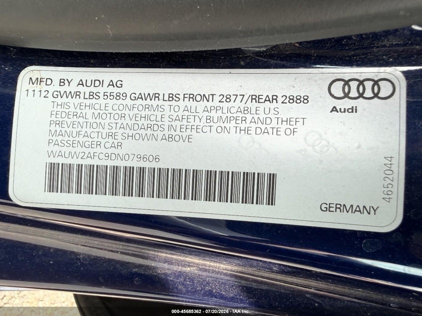 2013 Audi S7 VIN WAUW2AFC9DN079606 IAAI salvage auction — NORMAL WEAR, Salvage Title, sold $5,100 on 2026-07-31 (photo 9)