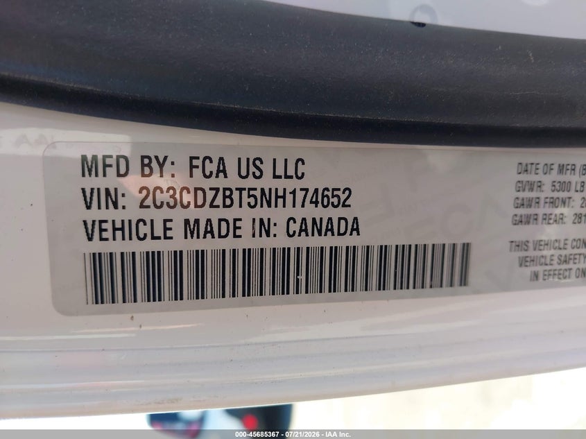 2022 Dodge Challenger VIN 2C3CDZBT5NH174652 IAAI salvage auction — FRONT END, Wait Title, sold $10,600 on 2026-08-24 (photo 9)