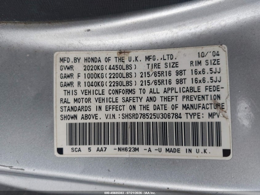 2005 Honda Cr-v VIN SHSRD78525U306784 IAAI salvage auction — NORMAL WEAR, Clear (Pennsylvania), sold $125 on 2026-07-28 (photo 9)