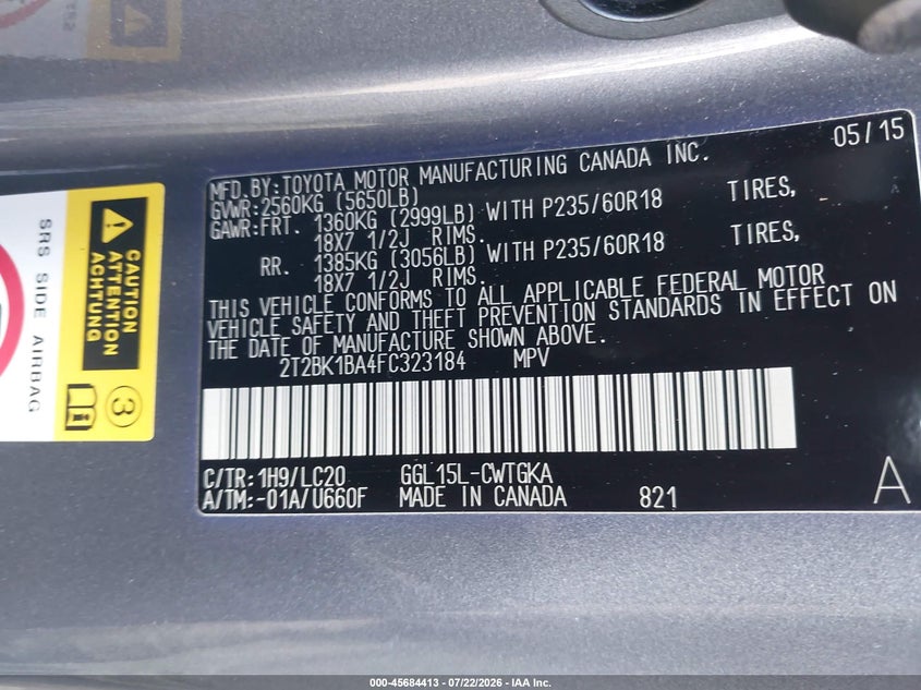 2015 Lexus Rx VIN 2T2BK1BA4FC323184 IAAI salvage auction — REAR END, Salvage (Pennsylvania), sold $8,200 on 2026-08-01 (photo 9)