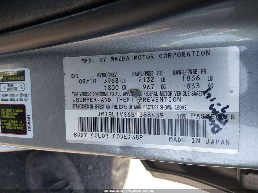 2011 Mazda 3 VIN JM1BL1VG6B1388439 IAAI salvage auction — SIDE, Salvage Certificate (California), sold $975 on 2026-08-02 (photo 9)