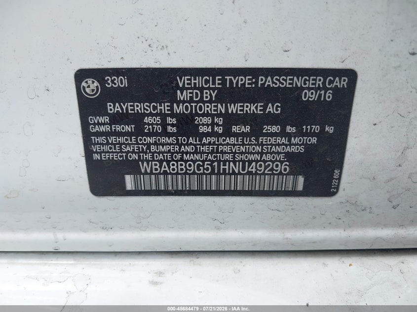 2017 BMW 3er VIN WBA8B9G51HNU49296 IAAI salvage auction — REAR END, Salvage Title, sold $2,450 on 2026-08-17 (photo 9)