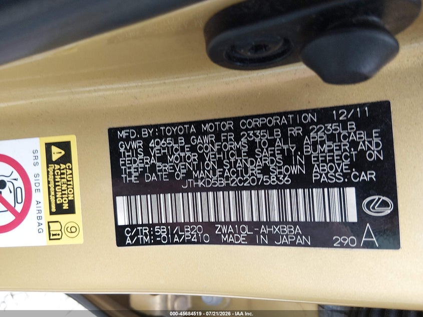 2012 Lexus Ct 200h VIN JTHKD5BH2C2075836 IAAI salvage auction — NORMAL WEAR, Original (Ohio), sold $3,575 on 2026-09-03 (photo 9)