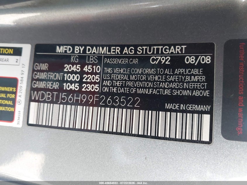 2009 Mercedes-benz Clk-class VIN WDBTJ56H99F263522 IAAI salvage auction — FRONT END, Salvage (California), sold $475 on 2026-08-12 (photo 9)