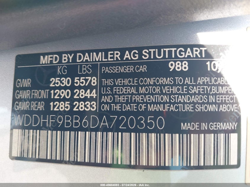 2013 Mercedes-benz E-klasse VIN WDDHF9BB6DA720350 IAAI salvage auction — FRONT END, Salvage Title, sold $2,000 on 2026-08-20 (photo 9)