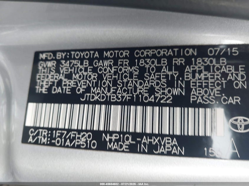 2015 Toyota Prius c VIN JTDKDTB37F1104722 IAAI salvage auction — NORMAL WEAR, Clear (Pennsylvania), sold $625 on 2026-07-28 (photo 9)
