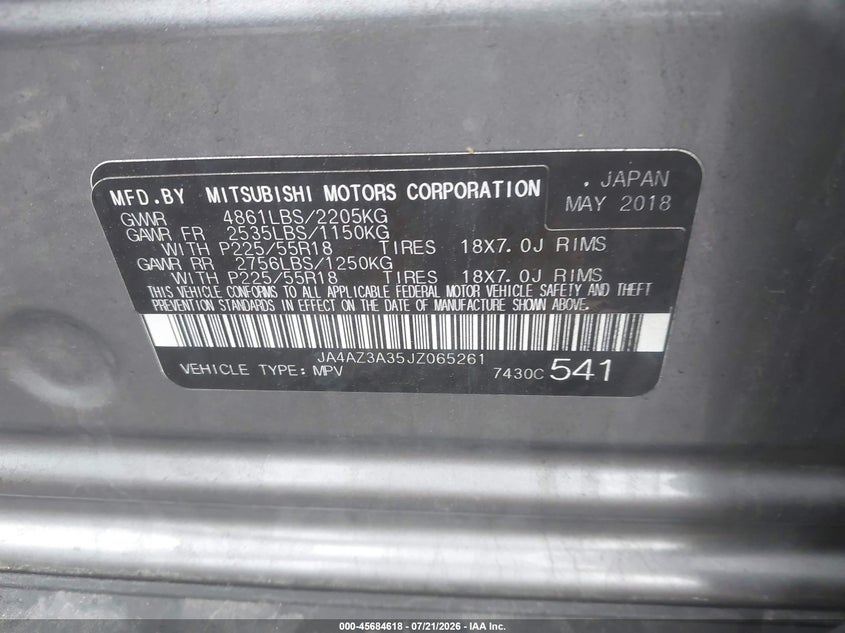 2018 Mitsubishi Outlander VIN JA4AZ3A35JZ065261 IAAI salvage auction — REAR END, Mv-907A (New York), sold $25 on 2026-07-31 (photo 9)