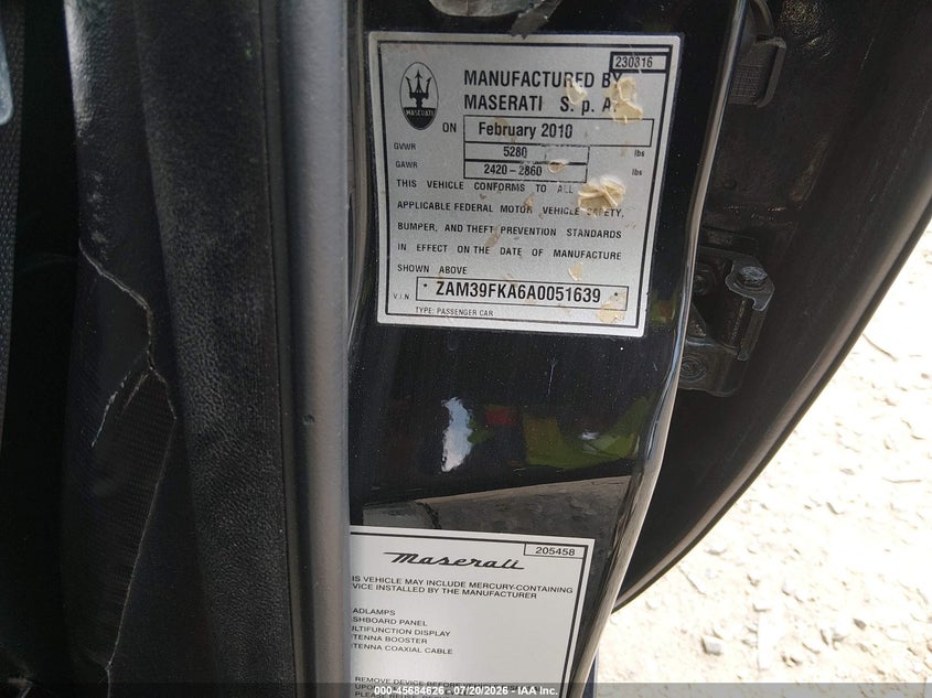 2010 Maserati Quattroporte VIN ZAM39FKA6A0051639 IAAI salvage auction — FRONT END, Clear (Virginia), sold $25 on 2026-07-31 (photo 9)