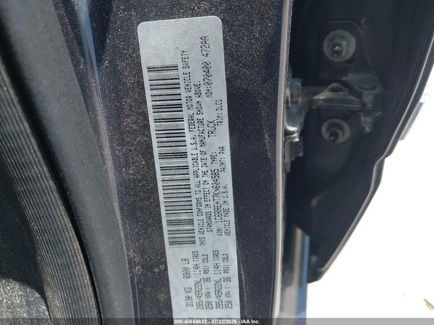 2019 Ram 1500 VIN 1C6RREHT7KN604585 IAAI salvage auction — THEFT, Wait Title, sold $9,975 on 2026-09-02 (photo 9)