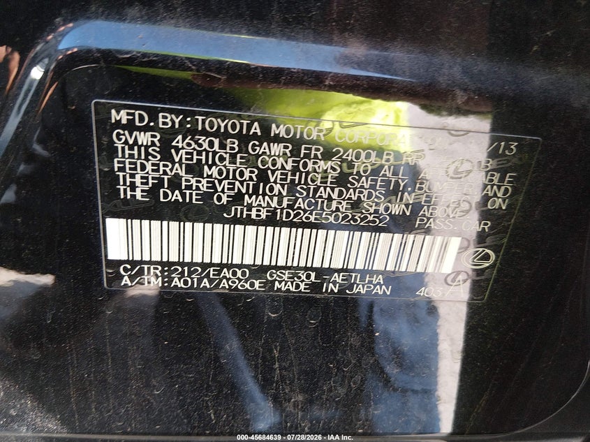 2014 Lexus Is VIN JTHBF1D26E5023252 IAAI salvage auction — FRONT END, Original (Texas), sold $8,950 on 2026-08-26 (photo 9)