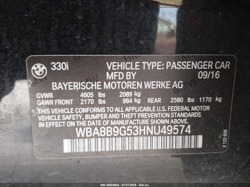2017 BMW 3er VIN WBA8B9G53HNU49574 IAAI salvage auction — NORMAL WEAR, App For Dup Clear (California), sold $350 on 2026-08-03 (photo 9)