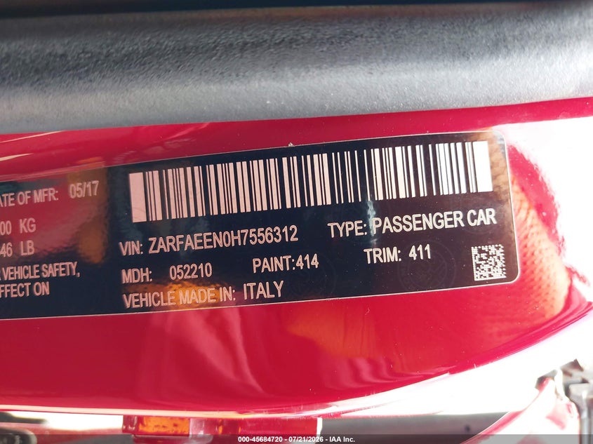 2017 Alfa romeo Giulia VIN ZARFAEEN0H7556312 IAAI salvage auction — FRONT END, Salvage Title, sold $1,000 on 2026-08-14 (photo 9)
