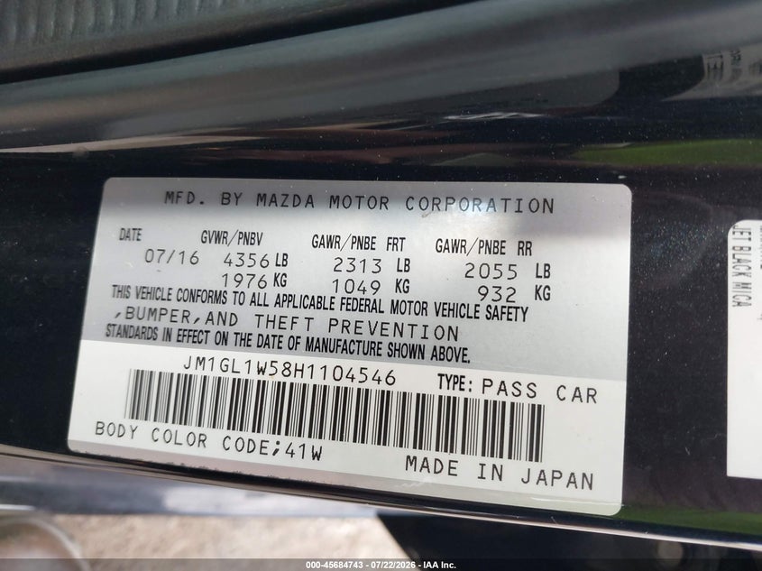 2017 Mazda 6 VIN JM1GL1W58H1104546 IAAI salvage auction — WATER/FLOOD, Salvage (Illinois), sold $2,000 on 2026-09-10 (photo 9)