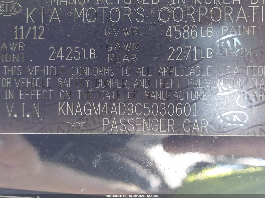 2012 Kia Optima VIN KNAGM4AD9C5030601 IAAI salvage auction — NORMAL WEAR, Clear-Dealer Only (Maryland), sold $725 on 2026-07-30 (photo 9)