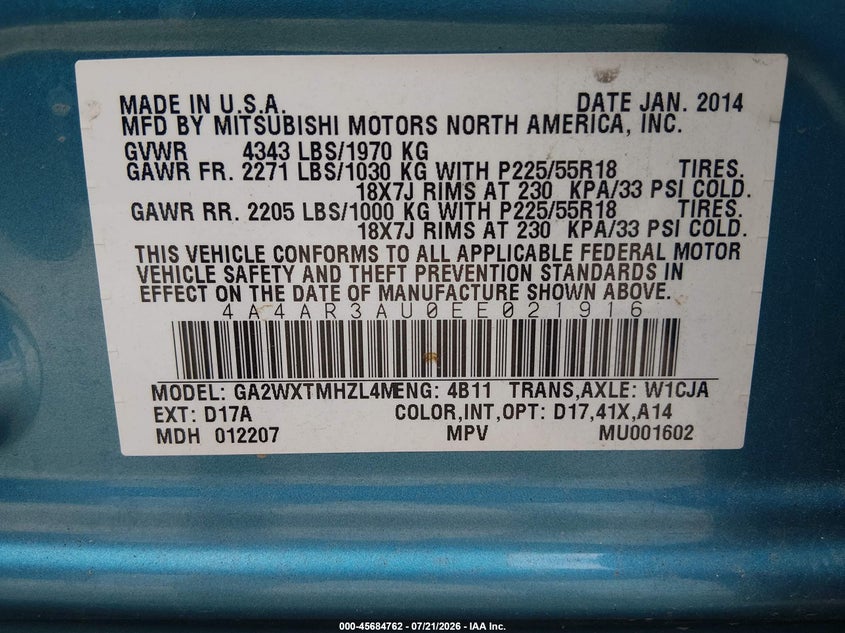 2014 Mitsubishi Outlander VIN 4A4AR3AU0EE021916 IAAI salvage auction — FRONT END, Wait Title, sold $1,000 on 2026-09-02 (photo 9)
